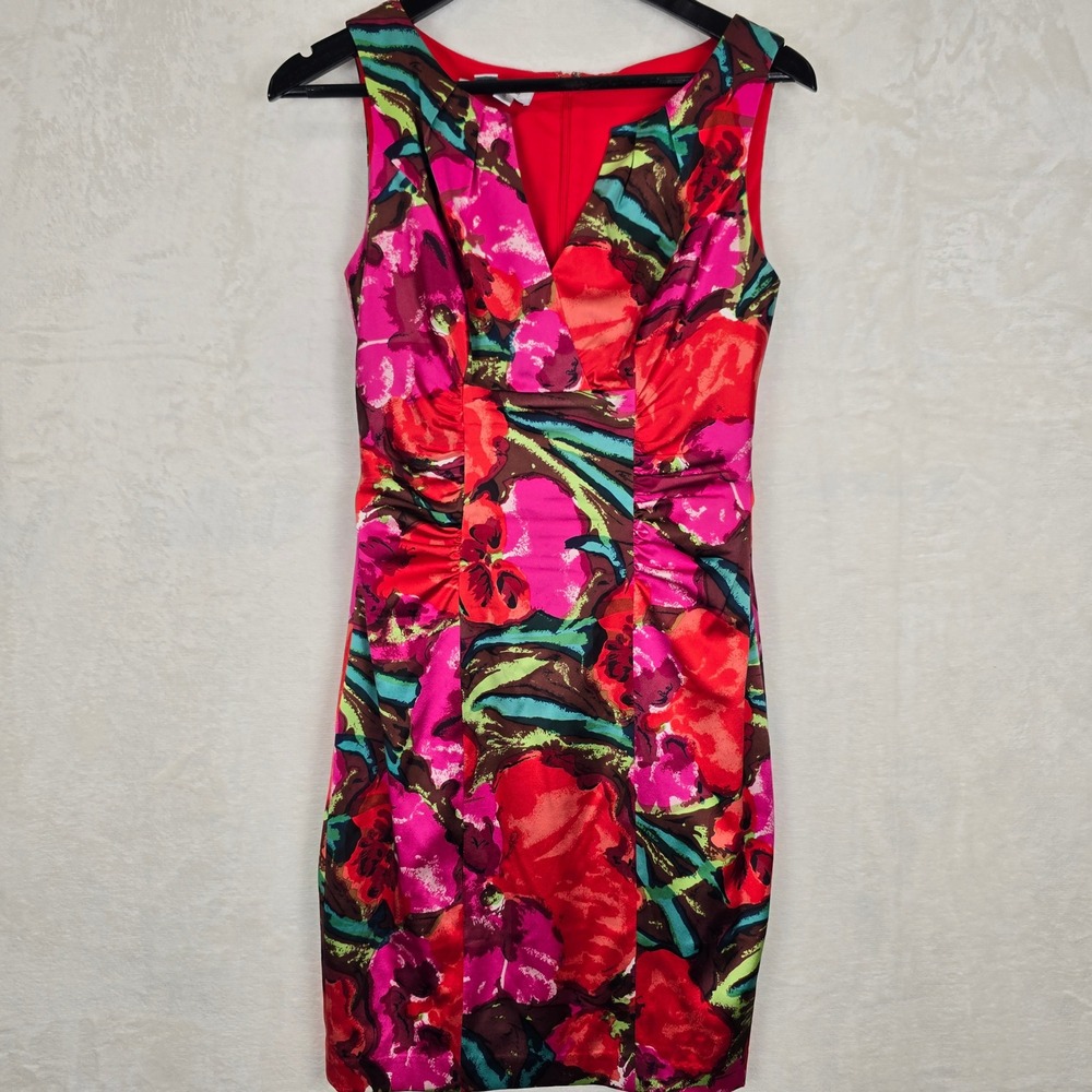 Kay Unger New York Silk Blend Floral Ruched Sheath Dress‎ Red Pink Teal Size 4
